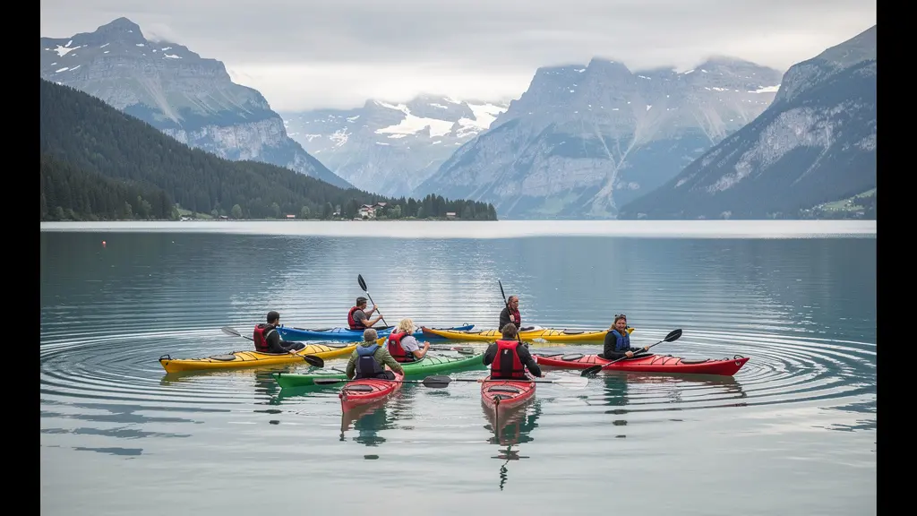 Kayaks sur le lac d'Annecy avec montagnes en arrière-plan, activité team building séminaire
