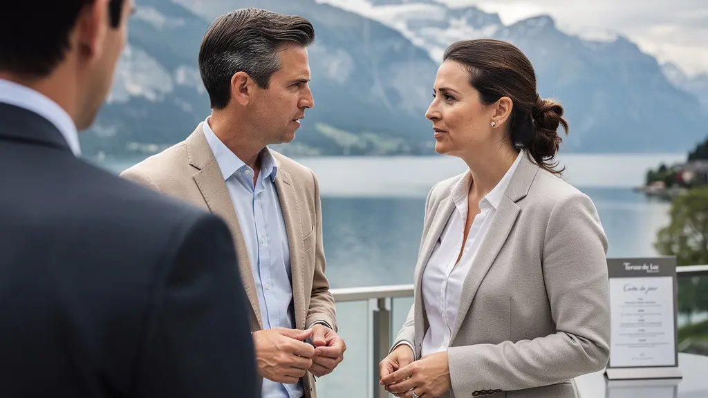 Deux professionnels en discussion informelle sur terrasse avec vue lac Annecy, pause séminaire