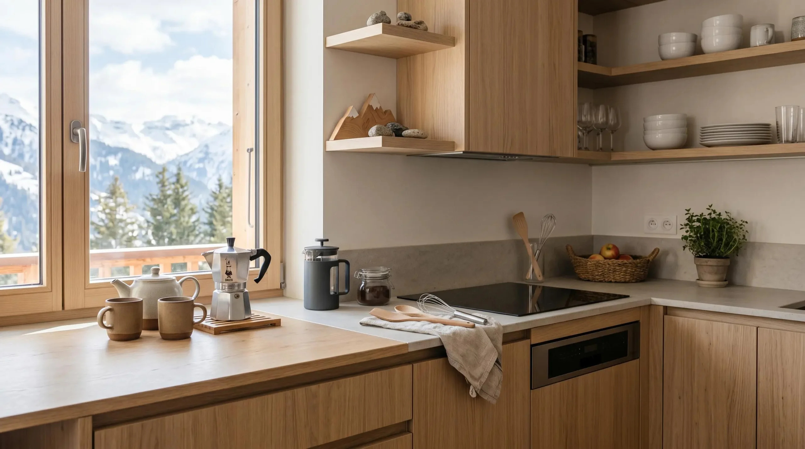 Cuisine ouverte contemporaine d'hébergement montagne avec plan de travail bois clair, électroménager intégré dont lave-vaisselle, sous lumière naturelle de fenêtre