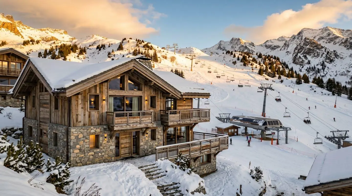 Façade de résidence alpine contemporaine en bois et pierre avec pistes de ski et remontées mécaniques visibles en arrière-plan, sous lumière dorée de fin d'après-midi hivernale