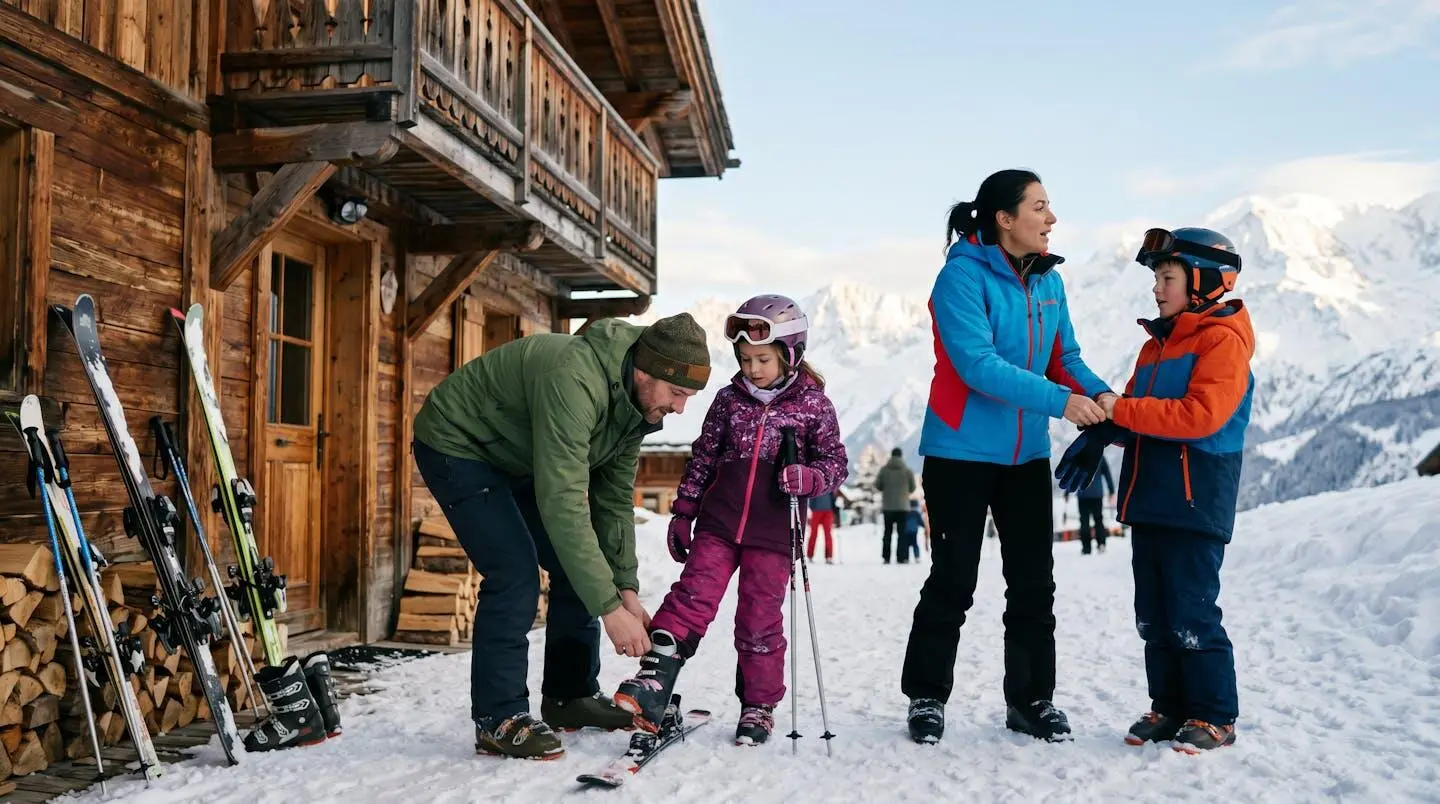 Famille de quatre personnes en tenue de ski colorée préparant leur matériel devant l'entrée d'un chalet alpin sous lumière matinale, montagnes enneigées en arrière-plan