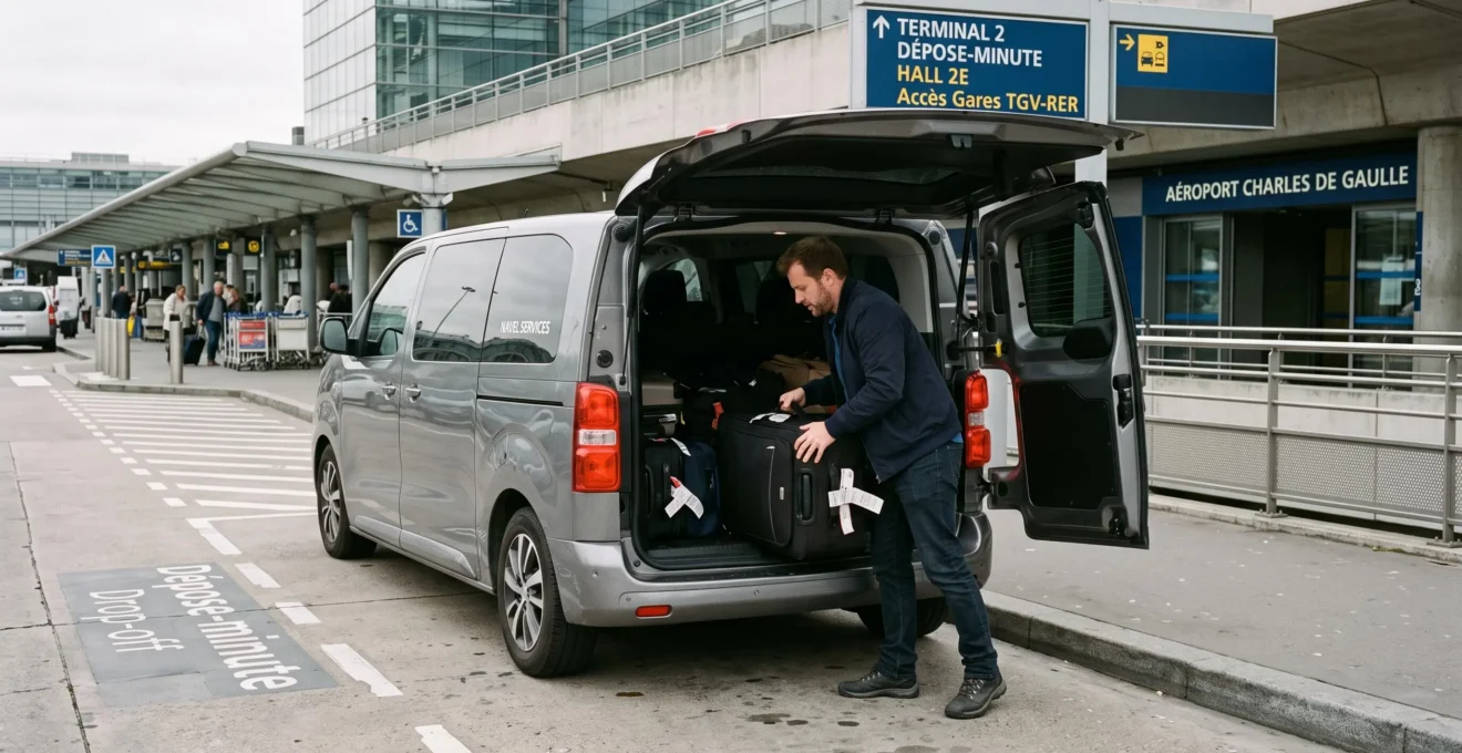 Conducteur chargeant une valise dans le coffre arrière d'un minibus gris dans la zone de dépose de l'aéroport CDG