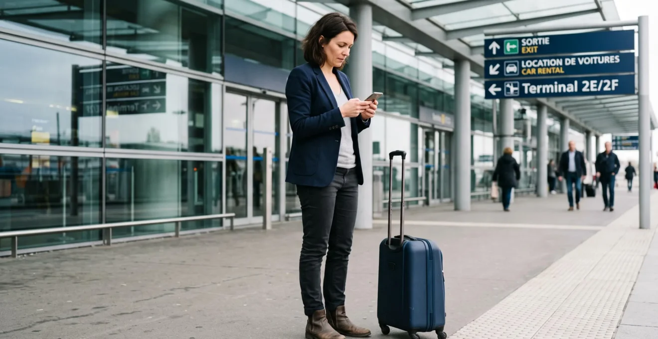 Femme d'affaires consultant les détails de sa réservation de minibus sur smartphone devant le terminal de l'aéroport CDG