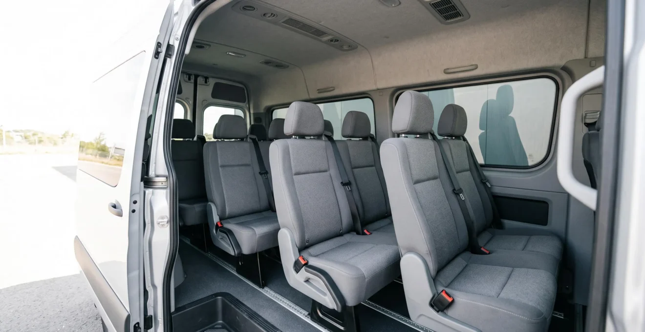 Vue intérieure d'un minibus moderne montrant trois rangées de sièges passagers confortables avec appuie-têtes intégrés