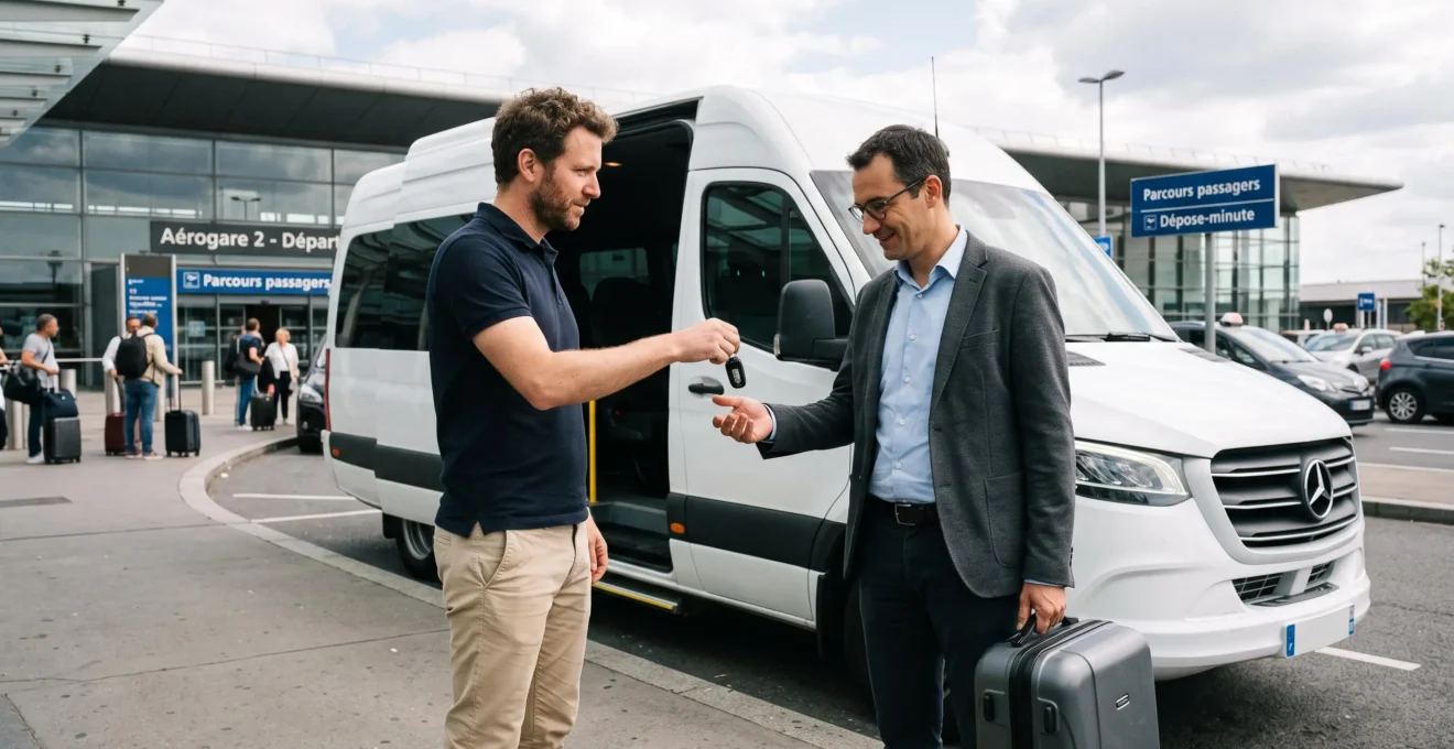 Agent de location remettant les clés d'un minibus blanc à un client devant un terminal de l'aéroport Charles de Gaulle