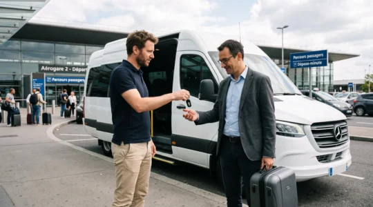 Agent de location remettant les clés d'un minibus blanc à un client devant un terminal de l'aéroport Charles de Gaulle